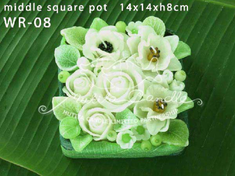 เทียนหอม เดชอุดม : WHITE ROSE SET|GREEN AND WHITE ROSES CANDLE BOUQUETS|WR-08|middle square pot  14 x 14 x h8 cm
